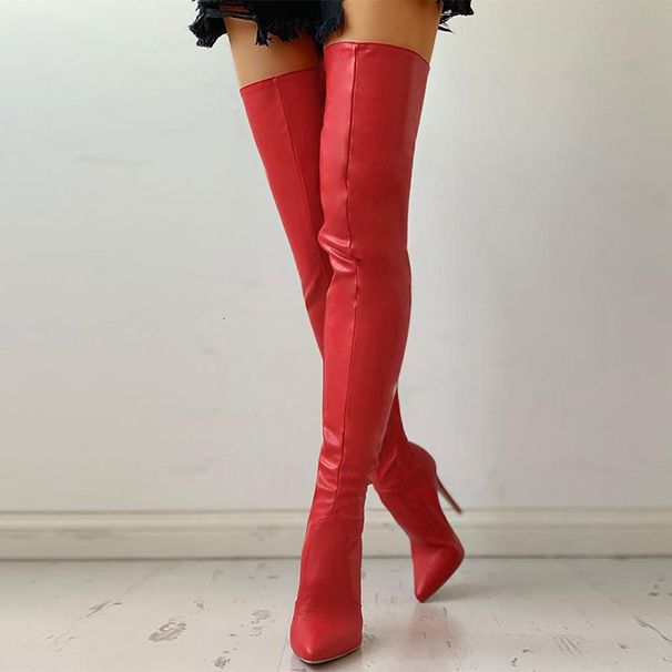 Black Faux Leather Thigh High Comfortable Pointed Toe Stiletto Heel Slim Fit Over The Knee Boots Nightclub Party Women_vogvips.com