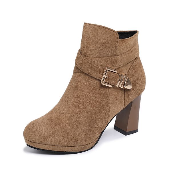 Women's High Heeled Fashion Boots Size 34 Belt Buckle Chunky Heel Suede Martin Boots Winter New_vogvips.com