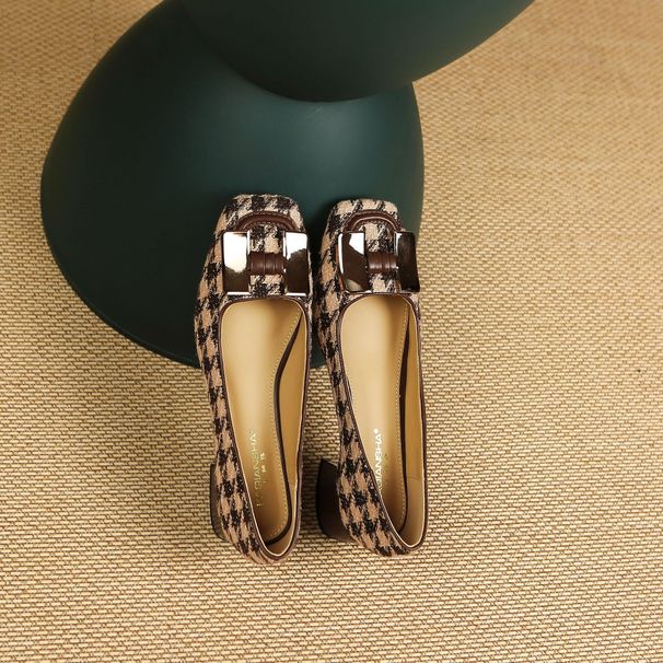 Spot Metal Buckle Casual Single Shoes Women 2023 Summer New Shallow Mouth Thick Heel Houndstooth Women's Shoes Low Top High Heels_vogvips.com