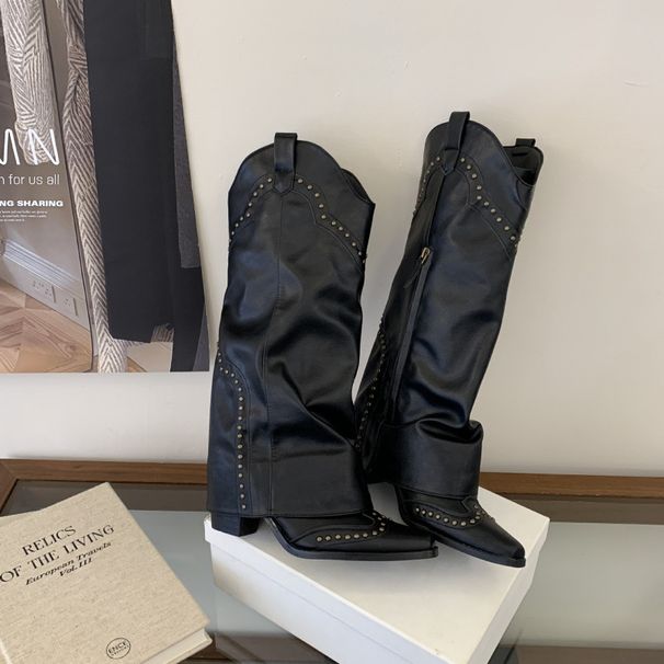 Chunky-Heeled French Pointed-Toe Western Cowboy Long For Women, 2026 New Model High-Tube Riding Boots_vogvips.com