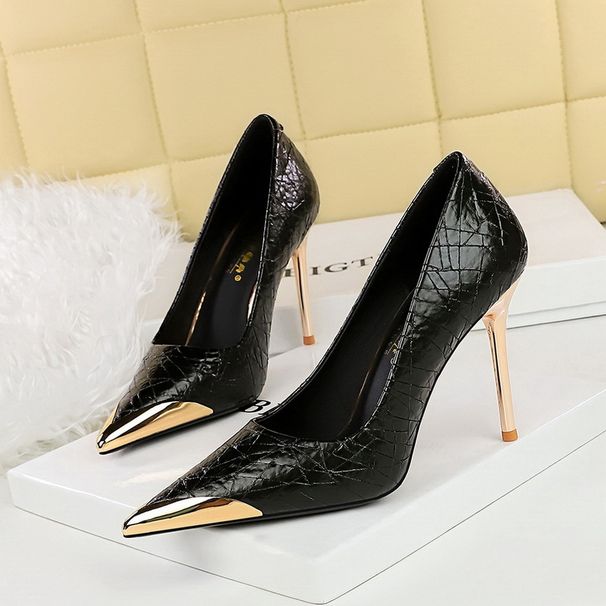 High-heeled stiletto metal pointed crack women's party heels_vogvips.com