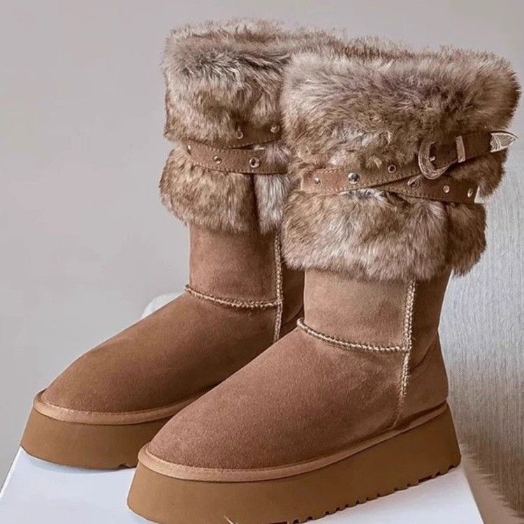 New Northeast Snow Boots High-end Plush Thickened Fluffy Boots Thick-soled Medium Tube Cotton Shoes Are Fashionable And Versatile_vogvips.com