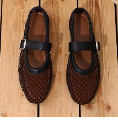 Round Headed Fishing Mesh Hollowed Out Mary Jane Single Shoes For Women Going Out, Size 42 Summer New Sandals_vogvips.com