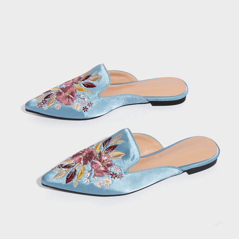 Women’s Shoes Flat Shoes For Women Summer New Style Pointed Embroidery Retro Breathable Outdoor Wear Half Slippers Large Size Mules_vogvips.com