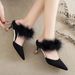 New Autumn Winter Cat-heel Closed-toe Slip-on Furry Slippers Women, European And American Style Ostrich Feather Pointed_vogvips.com