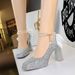9983-H78TP French Bow Pearl Chain Strap High Square Heads Waterproof Platform Thick Heels Sparkling Single Shoes_vogvips.com