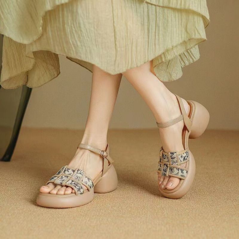 MTX Thick-Soled High-Heeled Sandal For Women Summer New National Style Color-Block Woven One-Strap Chunky Heel Women'_vogvips.com
