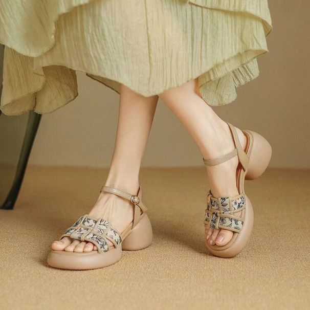 MTX Thick-Soled High-Heeled Sandal For Women Summer New National Style Color-Block Woven One-Strap Chunky Heel Women'_vogvips.com
