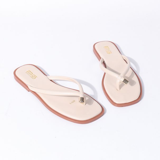 Vintage-Inspired Square-Toe Thong Sandals With Gold Buckle Detail - Lightweight Casual Flat Slides For Women_vogvips.com