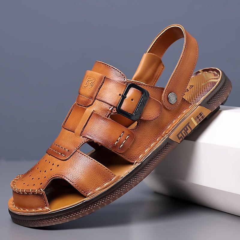 Sandals In Summer, Genuine Leather Bag Top, Sandals Men Outdoor Wear And Driving, Non Slip Beach Shoes For Men, Trendy_vogvips.com