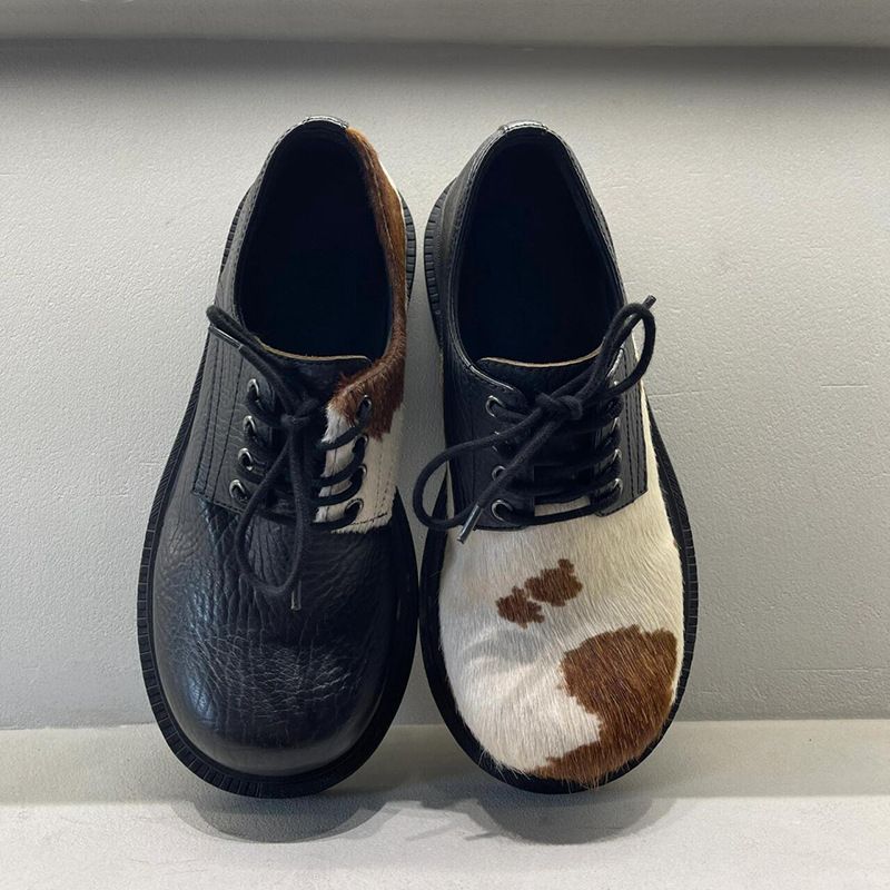 Top Version ~ Internet Celebrity Cow Pattern Leather Shoes Horse Hair Derby Shoes For Men And Women With Mandarin Duck Lace Thick Heel Casual Shoes_vogvips.com