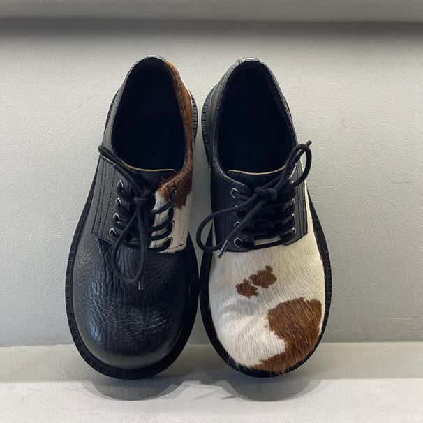 Top Version ~ Internet Celebrity Cow Pattern Leather Shoes Horse Hair Derby Shoes For Men And Women With Mandarin Duck Lace Thick Heel Casual Shoes_vogvips.com