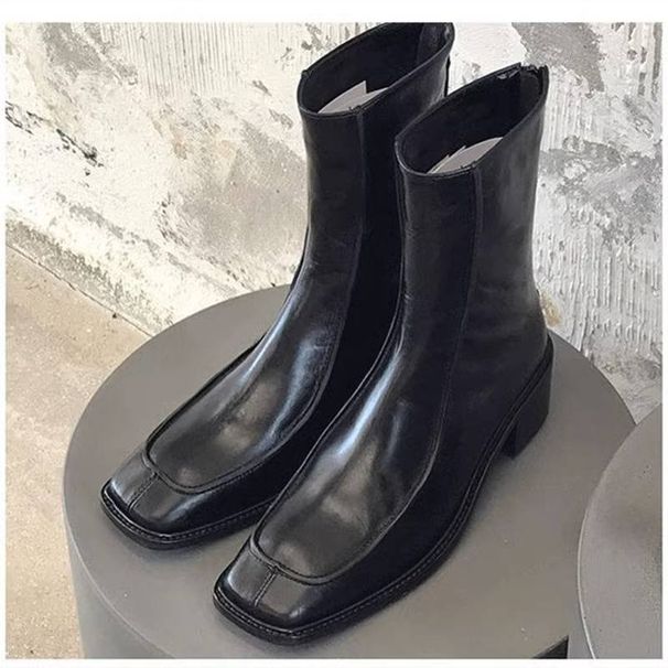 Niche Square Toe Trendy Boots Square Toe Thick Heel Skinny Boots Rear Zipper Retro Low Heel Mid Tube Bare Boots Martin Boots For Women_vogvips.com