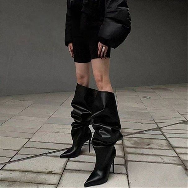 Stiletto Over-The-Knee Boots - 9CM Ultra High Heel Pointed Toe Boots For Women | Stacked Buckle Detail | Sexy Black Evening Boots | Stretchable Fit_vogvips.com