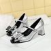 Women's shoes medium heel thick heel shallow mouth square splicing shoe head line with bow single shoes_vogvips.com
