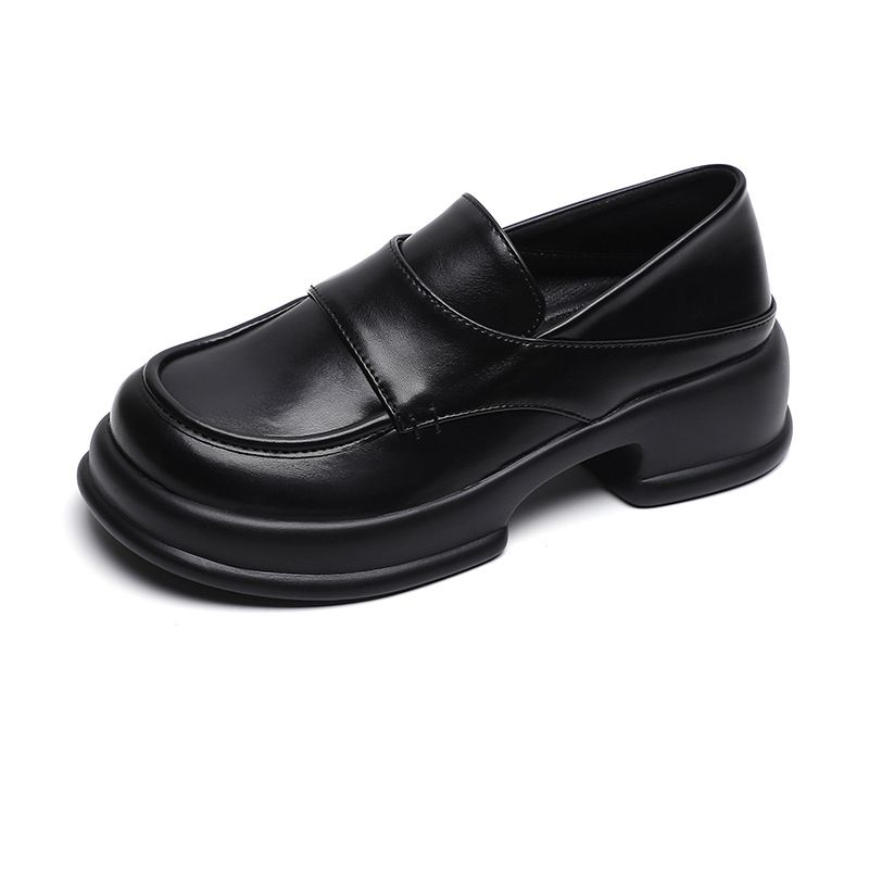 Platform Loafers Women's Round Head British Style Small Leather Shoes One Pedal Retro College Style Single Shoes Women_vogvips.com