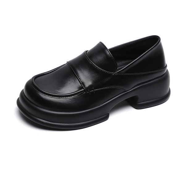 Platform Loafers Women's Round Head British Style Small Leather Shoes One Pedal Retro College Style Single Shoes Women_vogvips.com