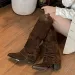Comemore Autumn Winter Vintage Woman Knee High Boots Shoes Ladies Elegant Slip On Solid Suede Long Thick Heeled Botas_vogvips.com