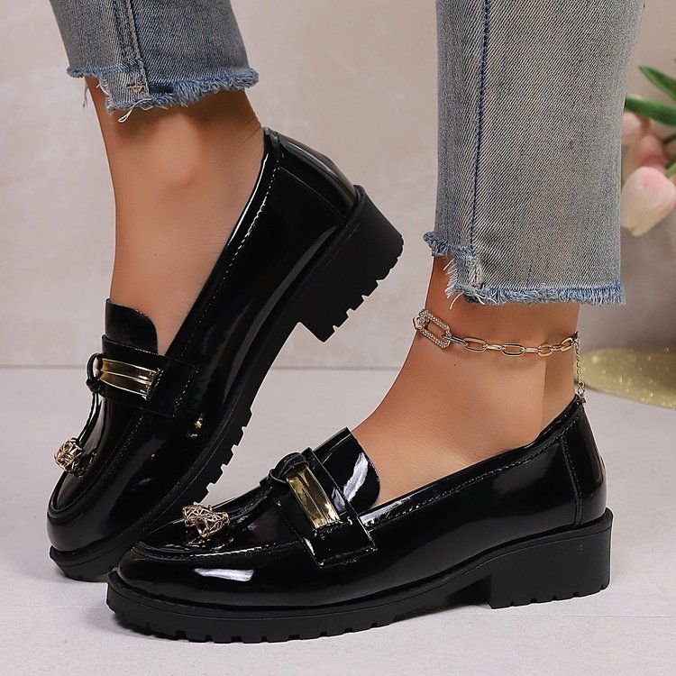 Autumn New Style French Round Toe Shallow Mouth Tassel British Style Casual Versatile Single Shoe Thick Heel Loafers For Women_vogvips.com