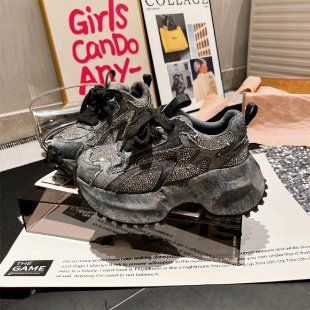 Chunky Sole Platform Sneakers With Rhinestone Accents For Everyday Comfort And Elevation Fashion Casual Sports Women S_vogvips.com