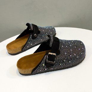 Women's Style Flat Rhinestone Cork Slippers Thick Sole Fashionable Outdoor Slip-On With Toe Cover_vogvips.com