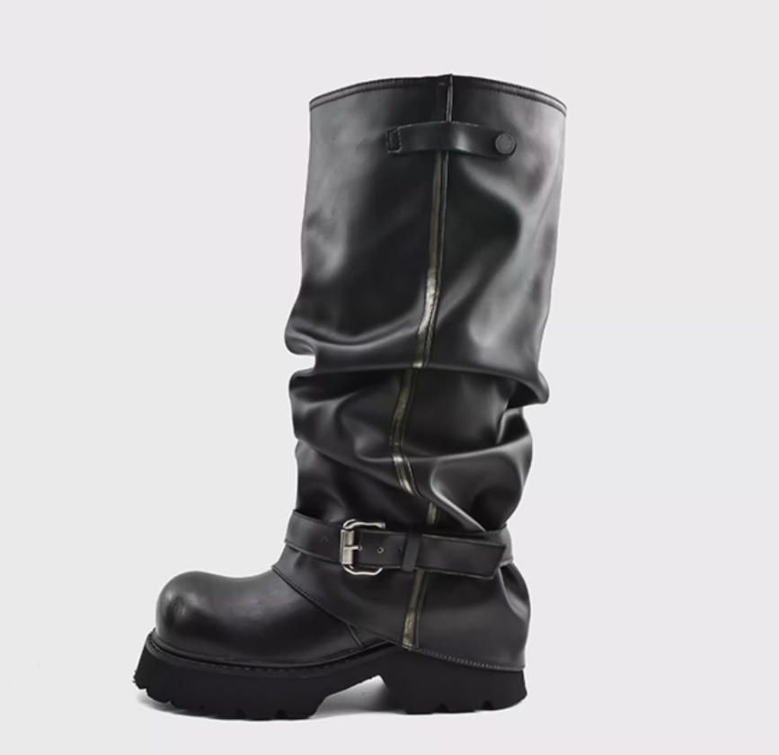 Women's High Calf Punk Style Boots With Chunky Heel - Round Toe Western Boots In Black_vogvips.com