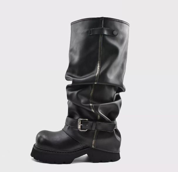 Women's High Calf Punk Style Boots With Chunky Heel - Round Toe Western Boots In Black_vogvips.com