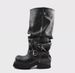 Women's High Calf Punk Style Boots With Chunky Heel - Round Toe Western Boots In Black_vogvips.com