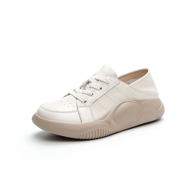 Top Layer Cowhide Platform High-heeled Nurse Style White Shoes For Women, 2025 Autumn New Design, Retro Lace-up, Breathable, Casual Single Shoes_vogvips.com