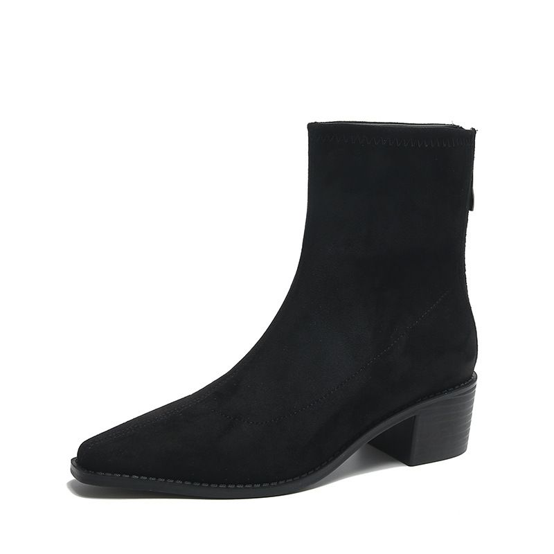 Trendy Short For Women 2025 Autumn New Style Single Thick Heel Back Zipper French Suede Ankle Martin Boots_vogvips.com