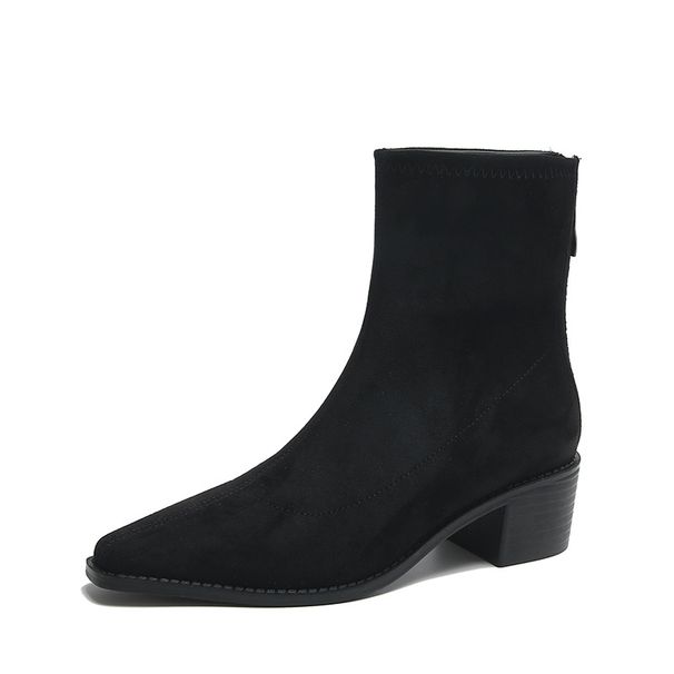 Trendy Short For Women 2025 Autumn New Style Single Thick Heel Back Zipper French Suede Ankle Martin Boots_vogvips.com