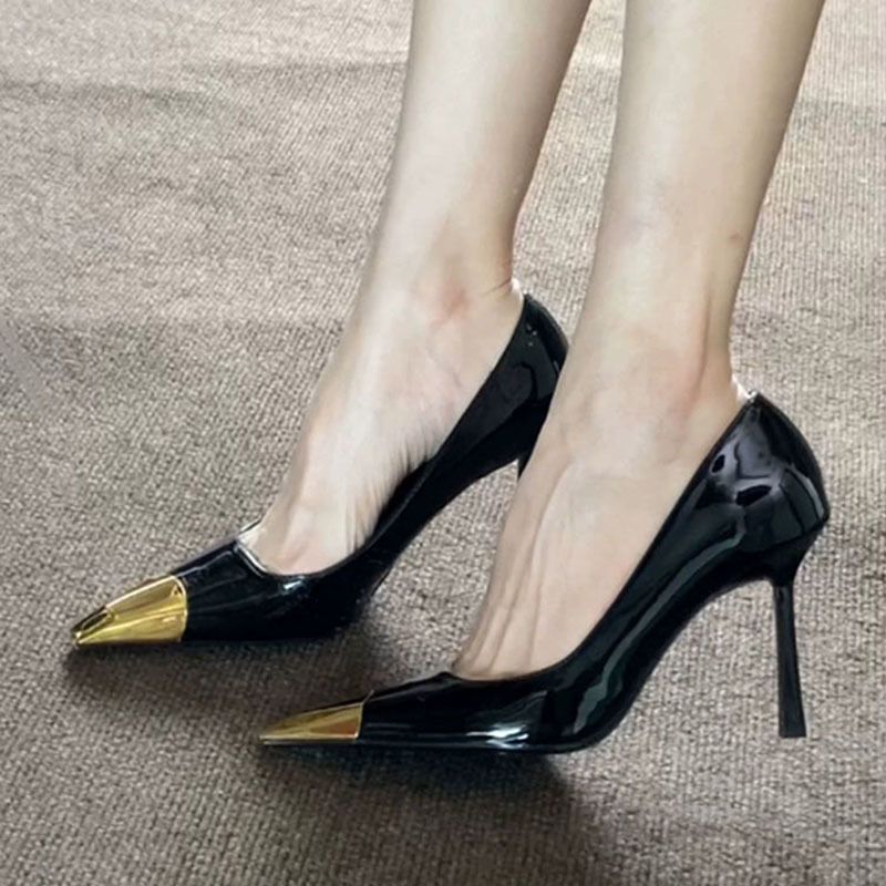 Yang Shulin Style Metal Square Sexy Stiletto Women's Black Patent Leather Versatile Slip-On Iron Toe High Heels_vogvips.com