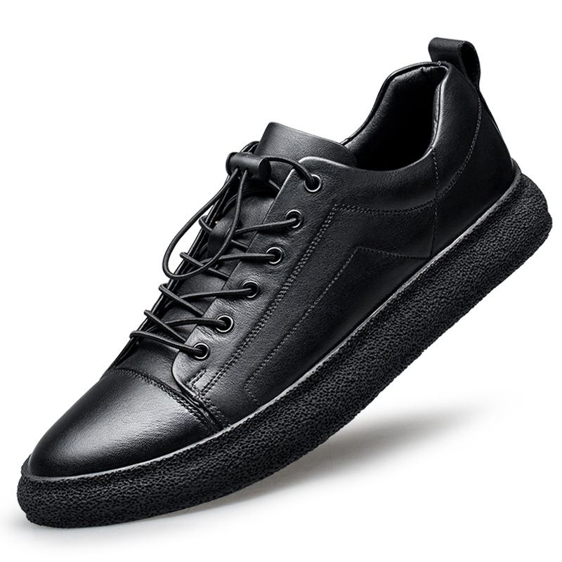 First Layer Cowhide Men's Shoes Solid Color Men's Board Shoes Casual Leather Shoes Men's Small Black Shoes Men_vogvips.com