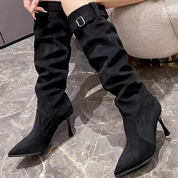 Women's Pointed Toe High Heel Knee High Boots With Belt Buckle Wrinkle Detail Stretch Slim Fit Stacked Boots Stretch Fleece Slimming Boots_vogvips.com