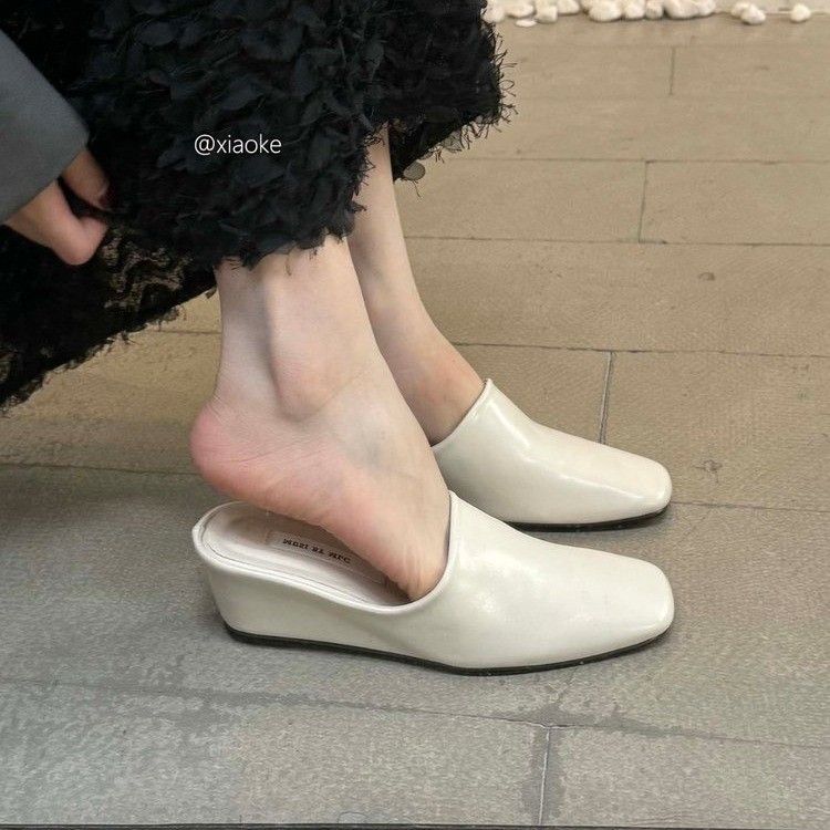 Women's Fashionable Wedge Heel Mules Slip-On Open Back Sandals High Heeled Square Toe Slippers New Spring 2026 Style_vogvips.com