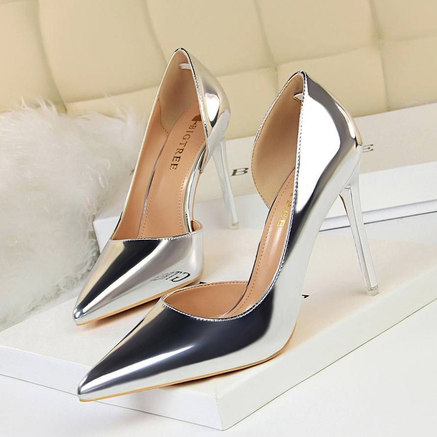 Women's Pumps Fashion Sexy Nightclub Pointed Toe Stiletto Hollow Single Shoes Metal Surface Shallow Mouth OL Simple High_vogvips.com