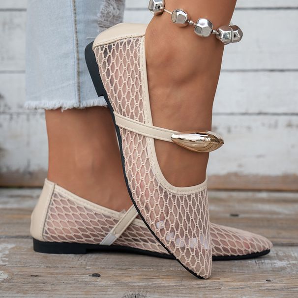 Four-color Mesh Shallow With A Pointed Toe Design Gold Bead Decorations, Stylish And Eye-catching Mary Jane Shoes_vogvips.com