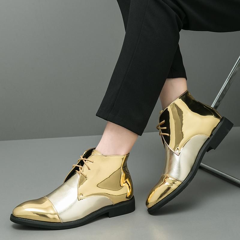 High-top Golden Shoes, Stylish Pointed-toe Chelsea Niche Martin Boots, Men's British Shiny Leather Popular Shoes_vogvips.com