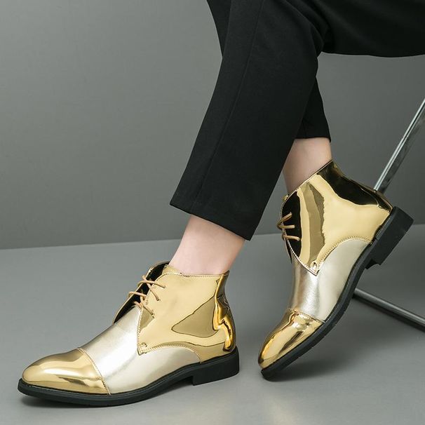 High-top Golden Shoes, Stylish Pointed-toe Chelsea Niche Martin Boots, Men's British Shiny Leather Popular Shoes_vogvips.com