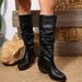 Women's Plus Size Pleated High Boots British Style Chunky Heel Retro Slip-On PU Suede Mid Heel Long Boots For Autumn_vogvips.com