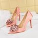 3391-H55 Korean Style Fashion Banquet Light Luxury Women's Heels Stiletto Shallow Mouth Pointed Toe Satin Flower High_vogvips.com