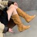 Miting Stacked Boots, Vintage Suede, Internal Height Increase, Cross-Strap Buckle, Comfortable Western Cowboy High Boots_vogvips.com