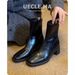 French Retro Thin Boots Women's Martin Boots Autumn And Winter Temperament Foreign Style Square High Heels Short Boots Thick Heel Elastic Single Boots_vogvips.com