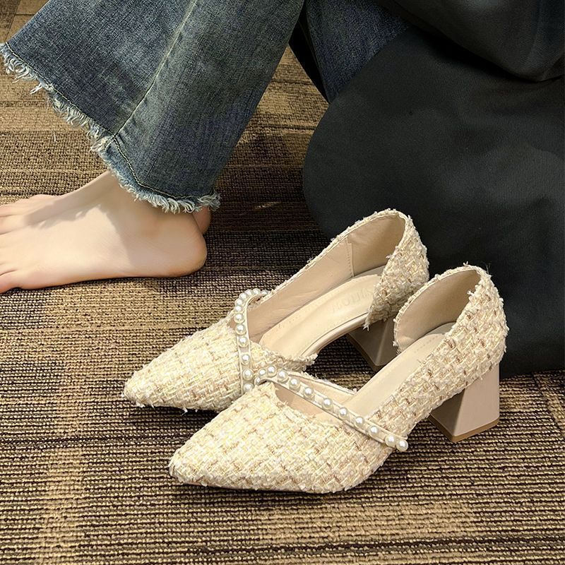 Sharp Pointed Single Shoe Women's Thick Heel 2025 Spring New Pearl Versatile Shallow Mouth Gentle Fairy Style Side Empty_vogvips.com