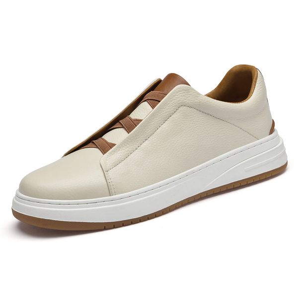 Men's Shoes Round Head White Shoes Board Shoes First Layer Cowhide Men's Casual Shoes Low Top Shallow Mouth Shoes_vogvips.com