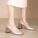 Cameido Women's Beige Floral Leather & Gold Metallic Heels - 5CM Mid Heel, Square Toe, Rubber Sole, Stiletto_vogvips.com