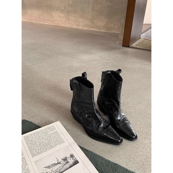 Cowhide Version ~ Grape Mom Studiolee Fashionable Pointed Toe Genuine Leather V-Cut Slimming Chunky Heel Wrinkled_vogvips.com
