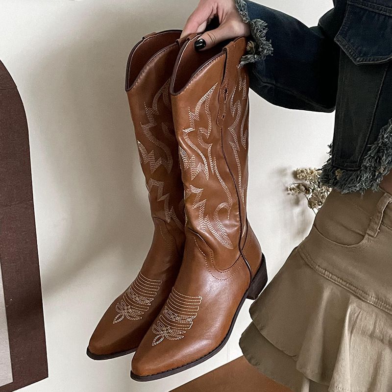 Brown V-Neck Chunky Heel Long For Women Summer 2024 New Slimming Over-the-Knee Western Cowboy Riding Boots_vogvips.com