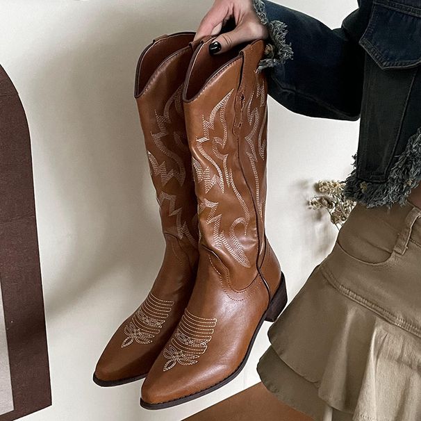 Brown V-Neck Chunky Heel Long For Women Summer 2024 New Slimming Over-the-Knee Western Cowboy Riding Boots_vogvips.com