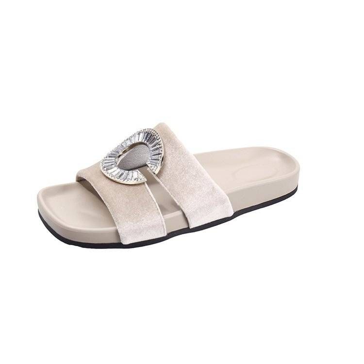 Women's Casual Slip-On Sandals Thick Heel Pure Color Buckle Fashionable Summer Flat Head Cool Slippers_vogvips.com